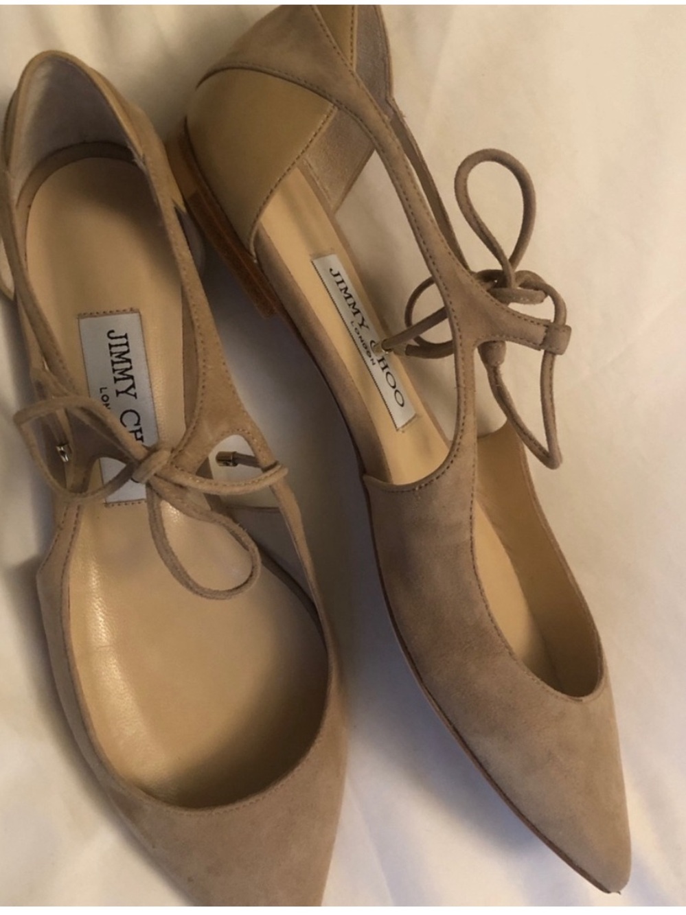 Jimmy Choo Beige/Taupe Suede Pointed-Toe Lace Flats